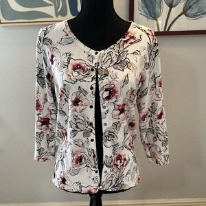 White House Black Market Floral Cardigan Sz L Black Snaps Ivory Pink Taupe
